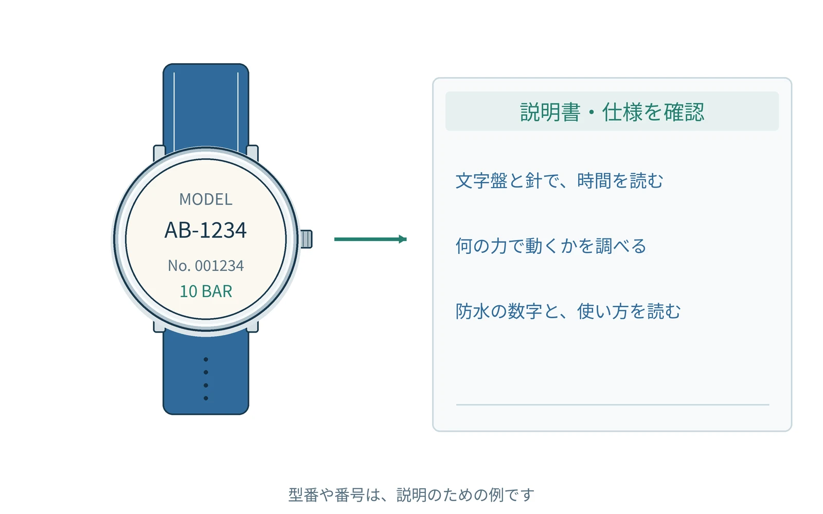 確認する項目を、時計の型番と一緒にまとめます。番号は説明用の例です。