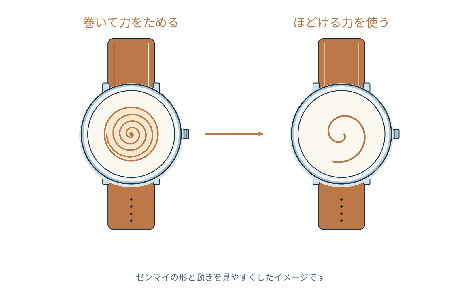 巻いたゼンマイに力をため、ほどけるときの力を使います。