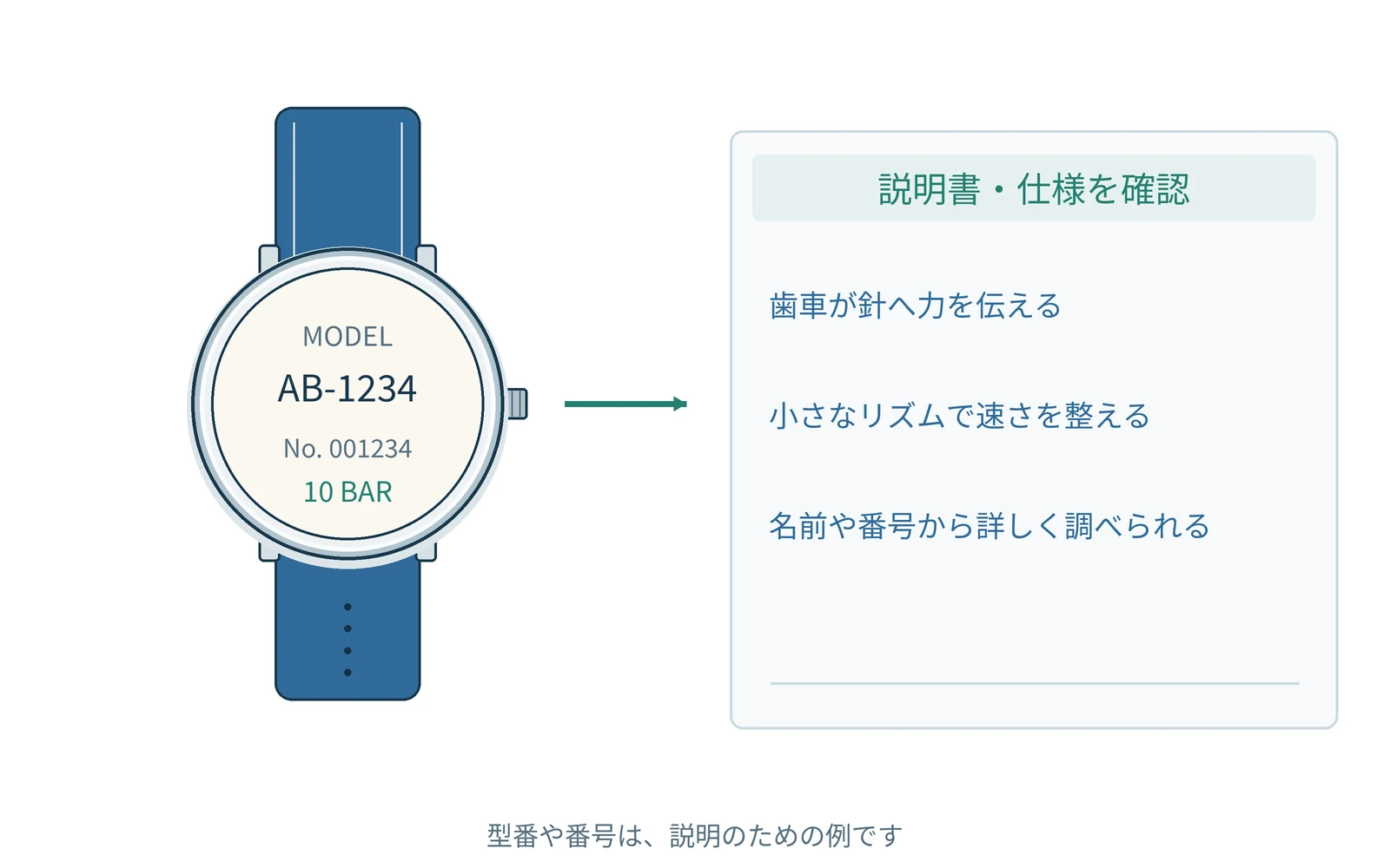 確認する項目を、時計の型番と一緒にまとめます。番号は説明用の例です。
